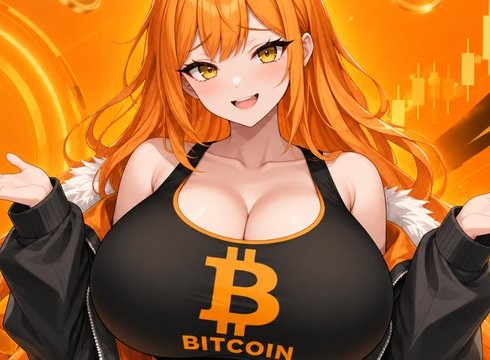 Big Titty Coin mascot, an orange-haired girl in a Bitcoin top
